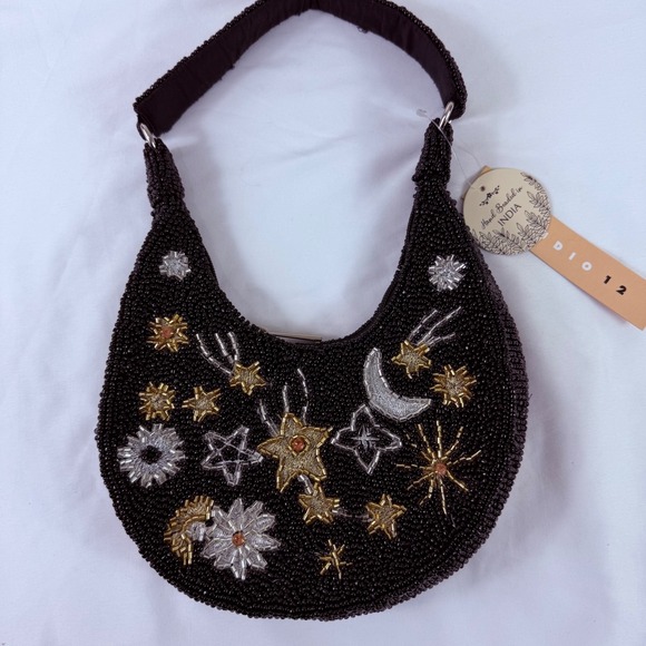 New Handcrafted Black Beaded Crescent Moon Star Purse Bag Handcrafted India NWT - Picture 6 of 11